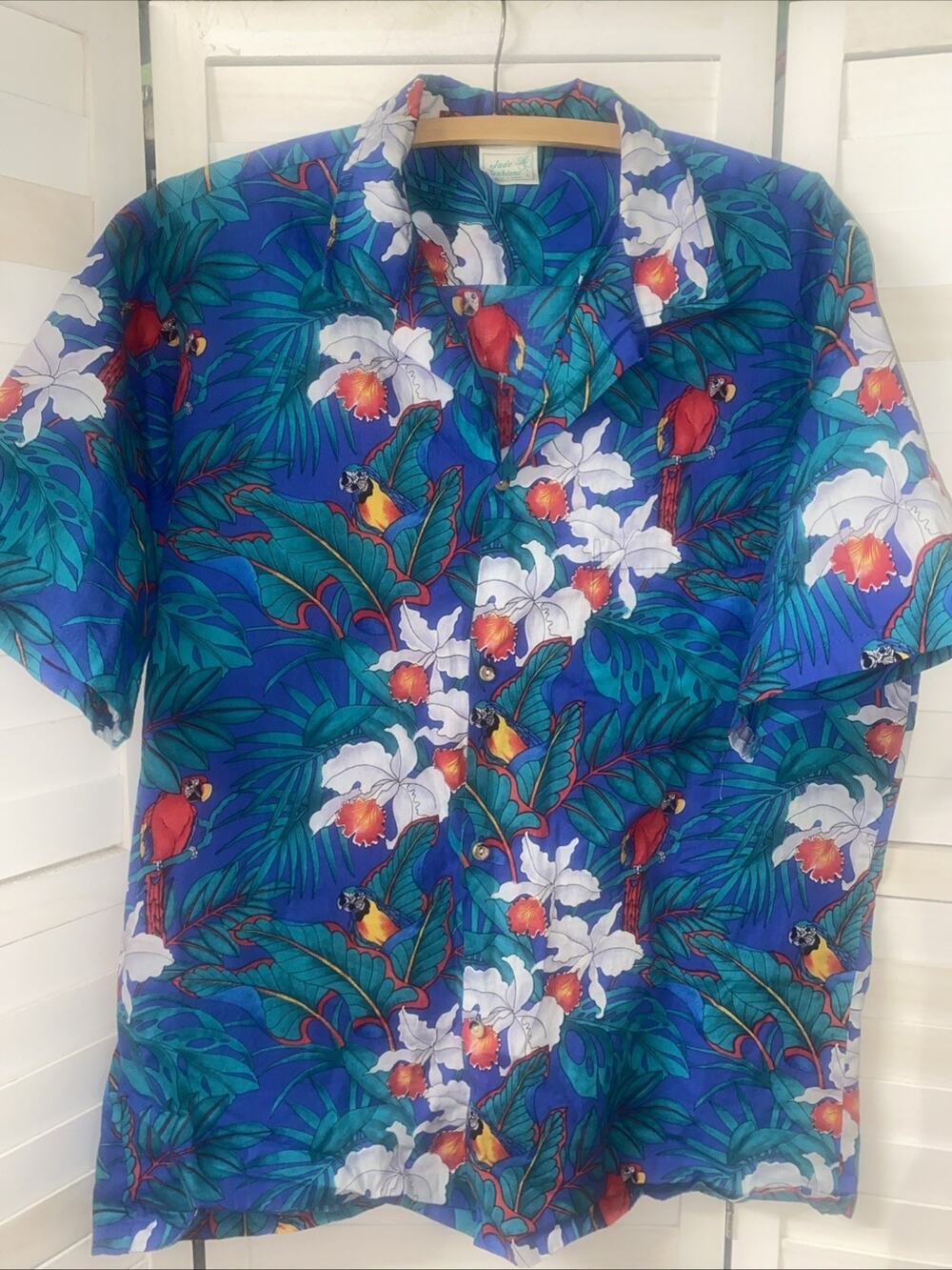 Vintage Jade Fashions Men's Aloha Tiki Button Up Shirt Floral Blue Size Large